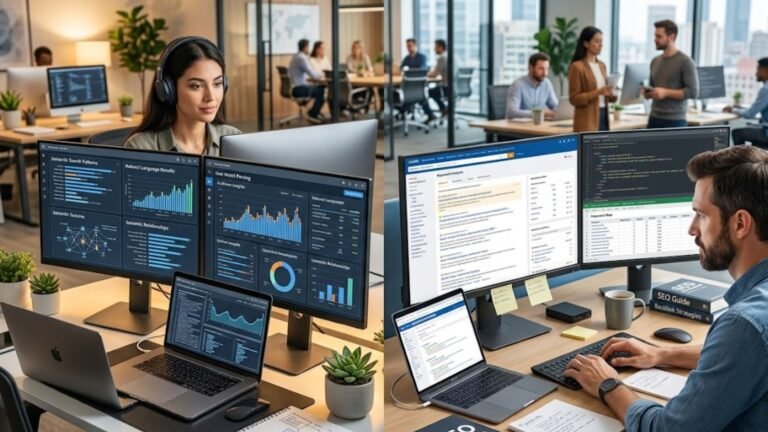 Office setting with professionals analyzing data on multiple monitors, showcasing AI-driven SEO analytics and performance metrics, reflecting the evolving landscape of search engine optimization.