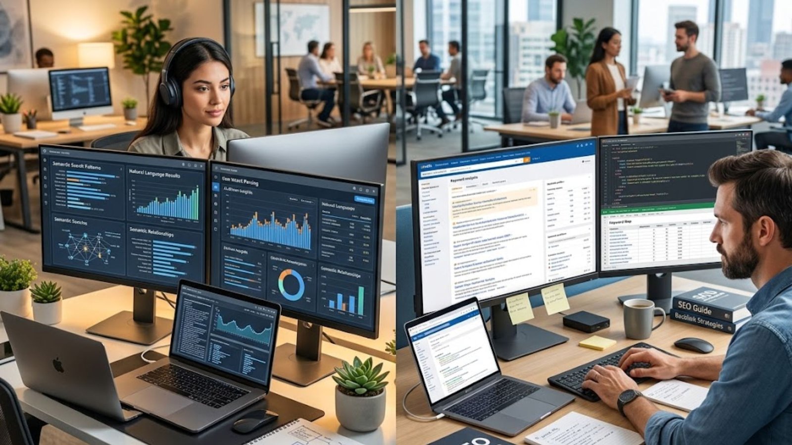Office setting with professionals analyzing data on multiple screens, showcasing semantic search patterns, AI-driven SEO analytics, and keyword optimization strategies, relevant to evolving SEO practices.