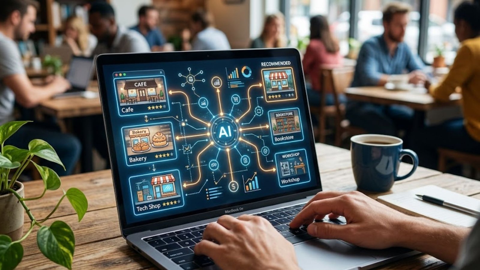 Laptop displaying AI-driven business recommendations with icons for Cafe, Bakery, Tech Shop, and Bookstore, illustrating advanced algorithms for business visibility.