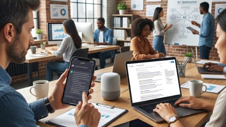 Group of professionals collaborating in a modern office, analyzing AI search results on laptops and smartphones, discussing strategies for Answer Engine Optimization (AEO) and business visibility in AI-driven searches.