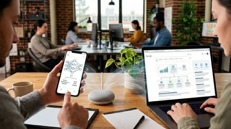 Person using smartphone displaying AI search optimization concepts and laptop showing Google analytics dashboard in a modern office setting.