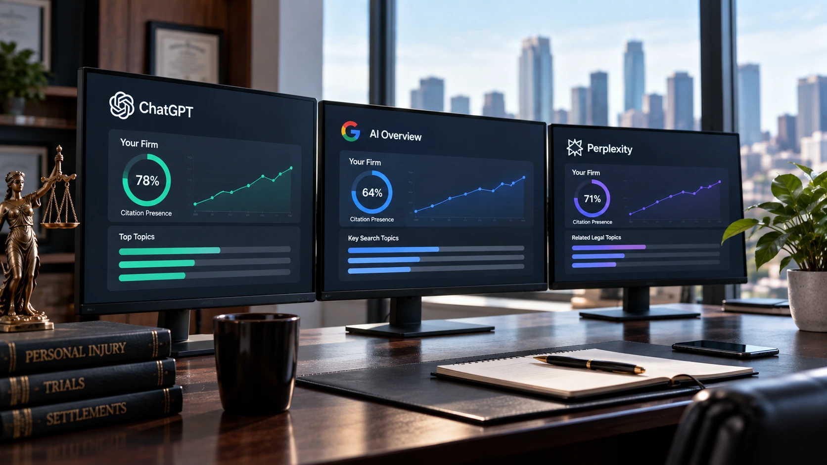 Law firm office with three monitors displaying AI visibility dashboards for ChatGPT, Google AI Overview, and Perplexity, showing citation presence metrics and topic trends, with legal books, a Lady Justice statue, and a city skyline in the background.