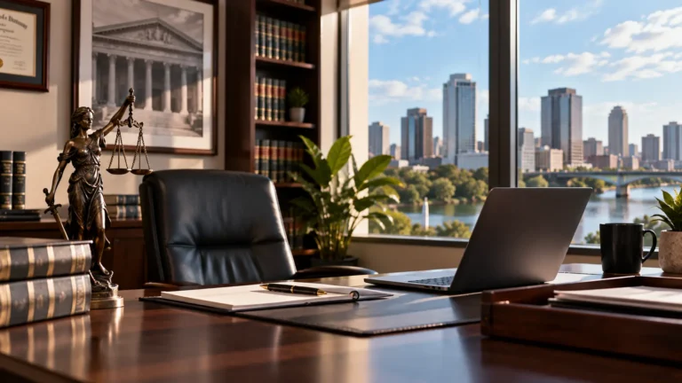 Professional law office with legal books, a Lady Justice statue, laptop, documents, and a city skyline visible through large windows, representing legal services and digital visibility for personal injury firms.