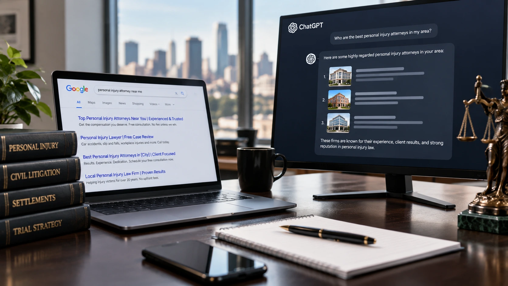 Law office workspace showing Google search results for personal injury attorneys on a laptop and an AI-generated attorney recommendation on a desktop monitor, with legal books, a Lady Justice statue, and a city skyline in the background.
