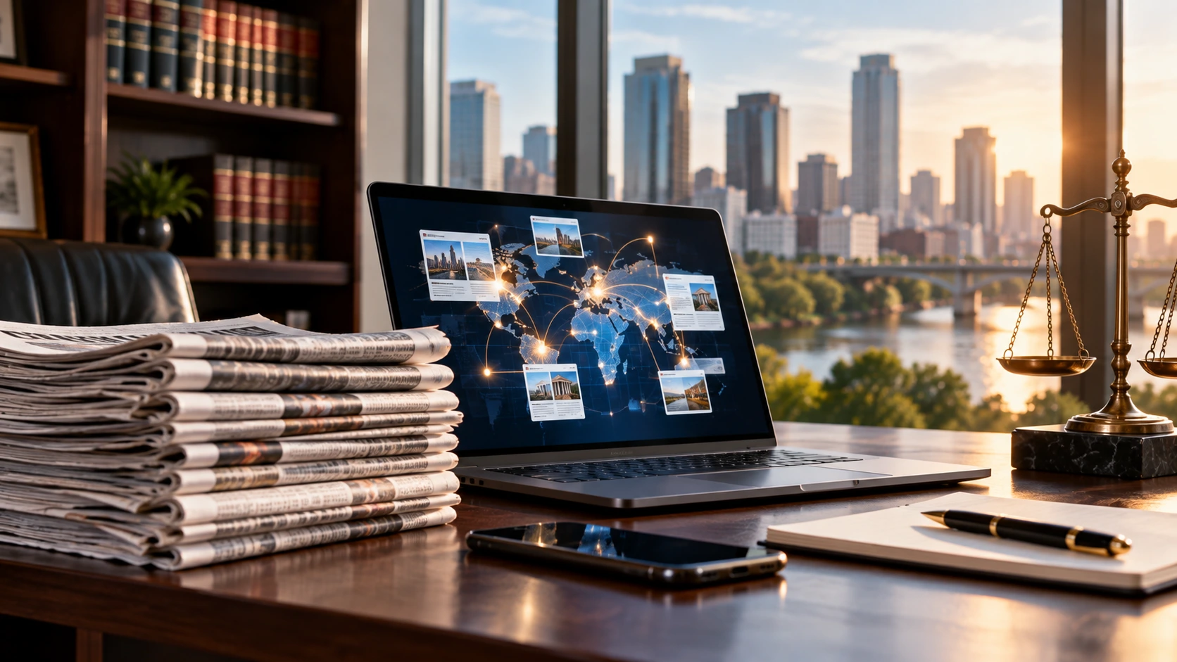Law office desk with a laptop displaying a global digital media network, stacks of newspapers, smartphone, legal scales, pen, and law books, with a city skyline visible through the window.